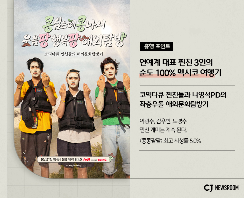 CJ ENM 10월 신규 콘텐츠 신사장 프로젝트 설명 이미지 

흥행 포인트
연예계 대표 찐친 3인의 순도 100% 멕시코 여행기

코믹다큐 찐친들과 나영석PD의 좌충우돌 해외문화탐방기

이광수, 김우빈, 도경수 찐친 케미는 계속 된다. <콩콩팥팥> 최고 시청률 5.0%