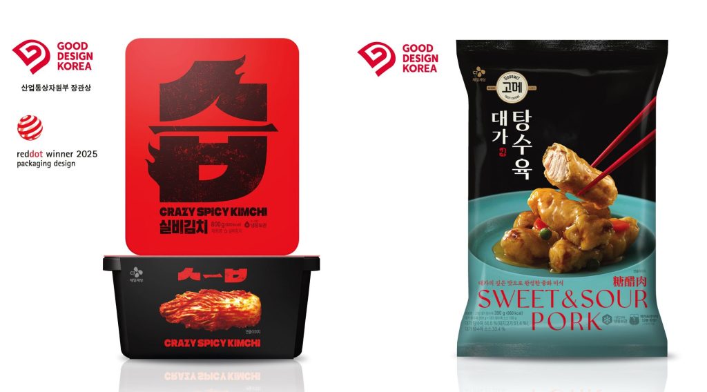 '2025 굿디자인 어워드' 산업통상자원부 장관상을 수상한 CJ제일제당 '습김치'와 '고메 대가탕수육' 제품 이미지.