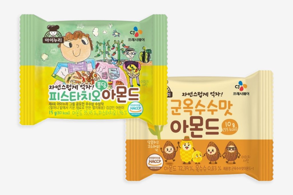 CJ프레시웨이 아이누리, 견과류 신제품 2종 '피스타치오퐁당 아몬드'와 '군옥수수맛 아몬드' 제품 이미지