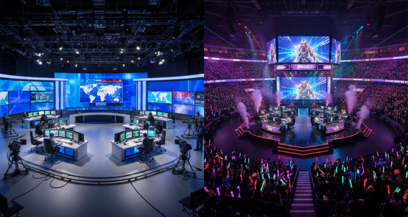 방송국 스튜디오 및 e스포츠 경기장 전경을 AI로 생성한 이미지.