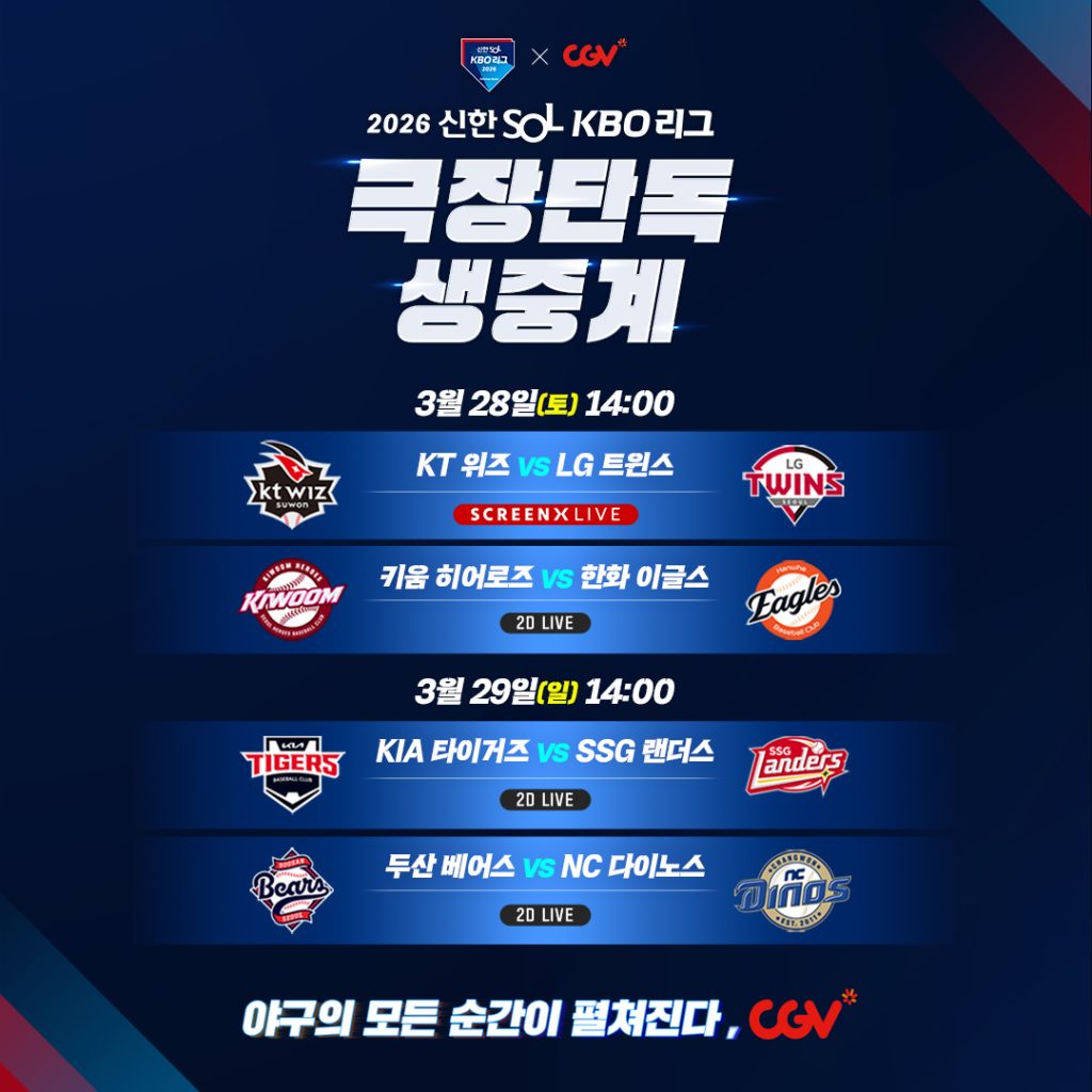 CGV 2026 신한 SOL KBO리그 개막전 생중계

3월 28일 토요일 14시
KT위즈 VS LG트윈스
키움 히어로즈 VS 한화 이글스

3월 29일 일요일 14시
KIA 타이거즈 VS SSG 랜더스
두산 베어스 VS NC 다이노스

야구의 모든 순간이 펼쳐진다, CGV