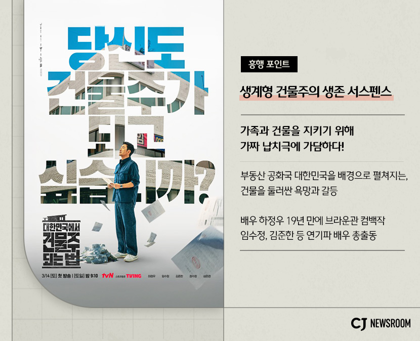 생계형 건물주의 생존 서스펜스
가족과 건물을 지키기 위해 가짜 납치극에 가담하다!

부동산 공와국 대한민국을 배경을 펼쳐지는, 건물을 둘러싼 욕망과 갈등

배우 하정우 19년 만에 브라운관 컴백작
임수정, 김준한 등 연기파 배우 총출동