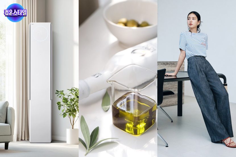 CJ온스타일이 4월 3일부터 12일까지 진행하는 ‘컴온스타일’ 기간 주요 인기 상품들. (왼쪽부터) LG 휘센 에어컨, 오로바일렌 올리브오일, 셀렙샵에디션 린넨 블렌디드 데님.