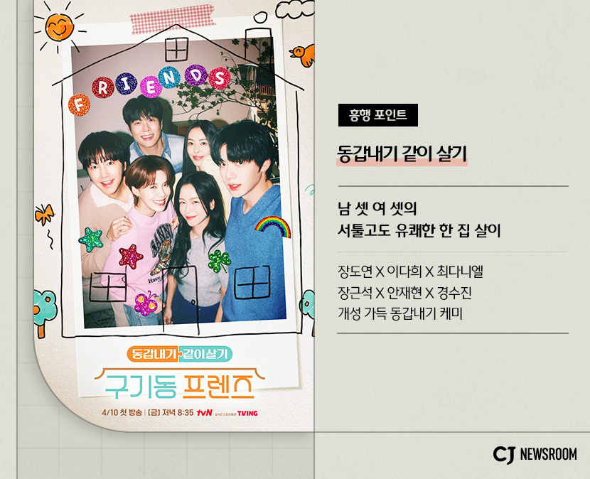 <구기동 프렌즈> 작품 정보
흥행 포인트 : 동갑내기 같이 살기
남 셋 여 셋의 서툴고도 유쾌한 한 집 살이

장도연 이다희 최다니엘 장근석 안재현 경수진

개성 가득 동갑내기 케미