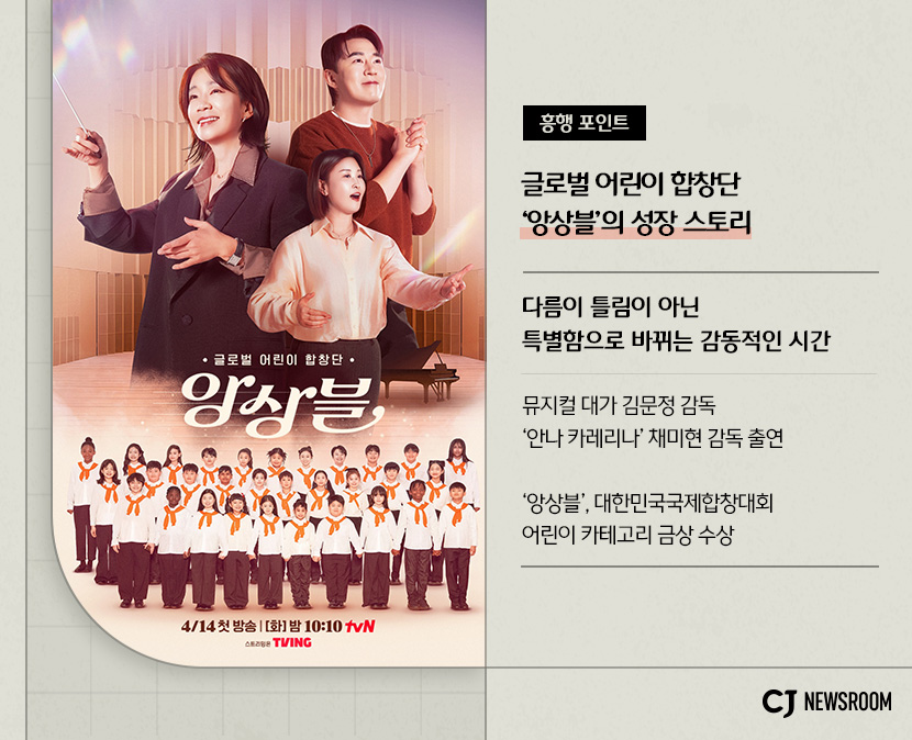 <앙상블> 작품 정보

흥행 포인트
글로벌 어린이 합창단
'앙상블'의 성장 스토리

다름이 틀림이 아닌 특별함으로 바뀌는 감동적인 시간

뮤지컬 대가 김문정 감독, '안나 카레리나' 채미현 감독 출연

'앙상블', 대한민국국제합창대회 어린이 카테고리 금상 수상