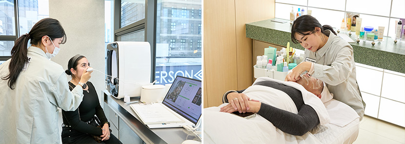 미국 매장 SM들이 올리브영N성수의 홈케어레슨(피부 진단/스킨 케어 서비스)를 체험하고 있다.