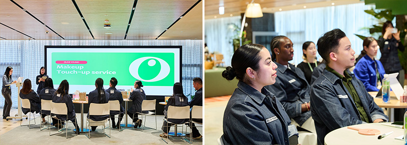 올리브영N성수에서 HQ 교육을 듣고 있는 미국 1호 매장 직원들의 모습.