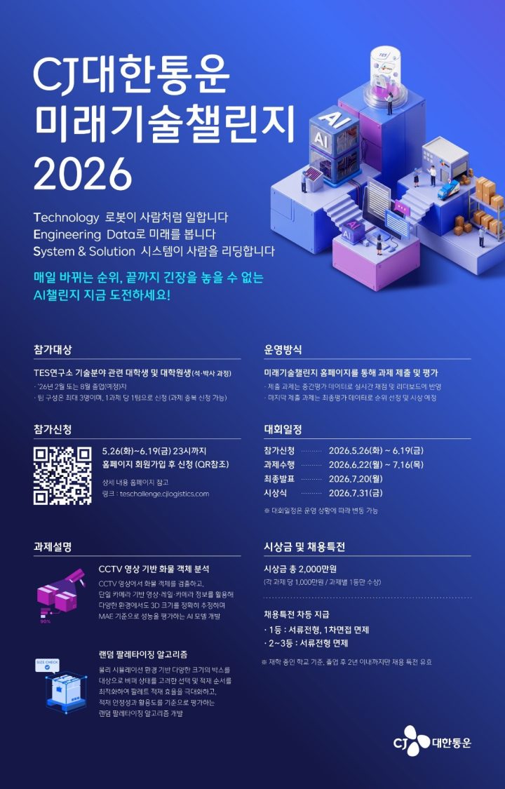 CJ대한통운, ‘미래기술챌린지 2026’ 개최… “AI 활용해 물류 혁신 이끌 미래 인재 찾는다”
