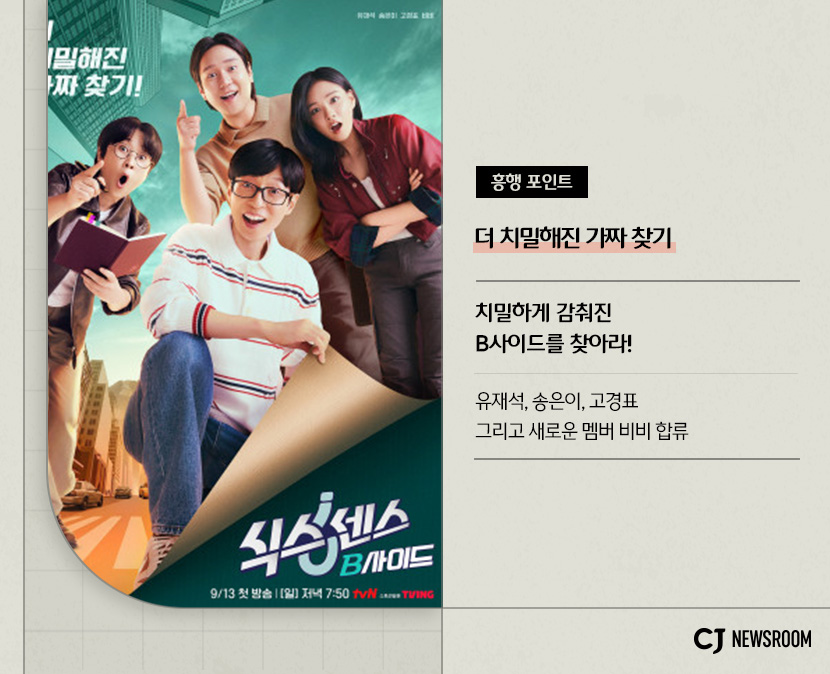 식스센스: B사이드 작품 정보
흥행 포인트 : 더 치밀해진 가짜 찾기

치밀하게 감춰진 B사이드를 찾아라!

유재석, 송은이, 고경표 그리고 새로운 멤버 비비 합류