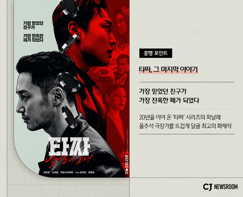 타짜: 벨제붑의 노래 작품 정보
흥행 포인트 : 타짜, 그 마지막 이야기

가장 믿었던 친구가 가장 잔혹한 패가 되었다
20년을 이어 온 '타짜' 시리즈의 피날레
올추석 극장가를 뜨겁게 달굴 최고의 화제작