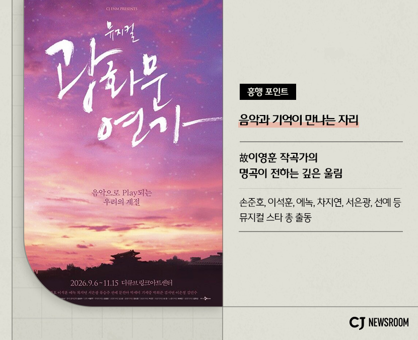광화문 연가 작품 정보
흥행 포인트 : 음악과 기억이 만나는 자리

故이영훈 작곡가의 명곡이 전하는 깊은 울림

손준호, 이석훈, 에녹, 차지연, 서은광, 선예 등 뮤지컬 스타 총 출동