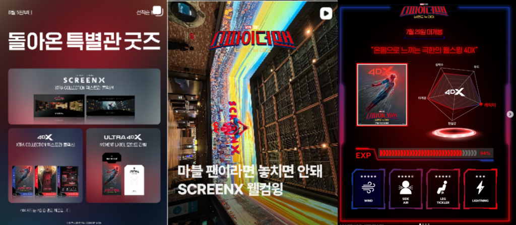 <스파이더맨: 브랜드 뉴 데이> 마케팅 활동 : 특별관 굿즈, SCREENX 웰컴윙, 4DX 효과표