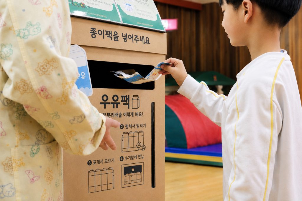 경상남도청어린이집 원아의 종이팩 재활용 교육 참여 모습